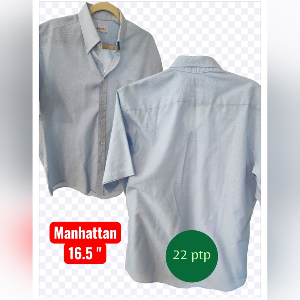 Manhattan Light Blue Men's Dress Shirt Short Sleeve ButtonDown 16.6 (22 Ptp) EUC